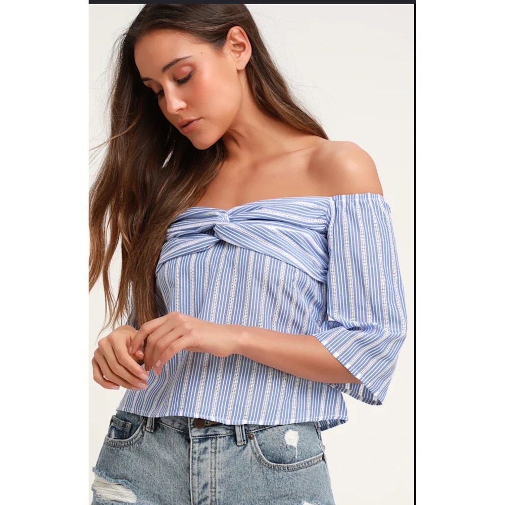 Lulus Off The Shoulder Top Womens Large NWT Blue Stripe Twist Front Bell Sleeve